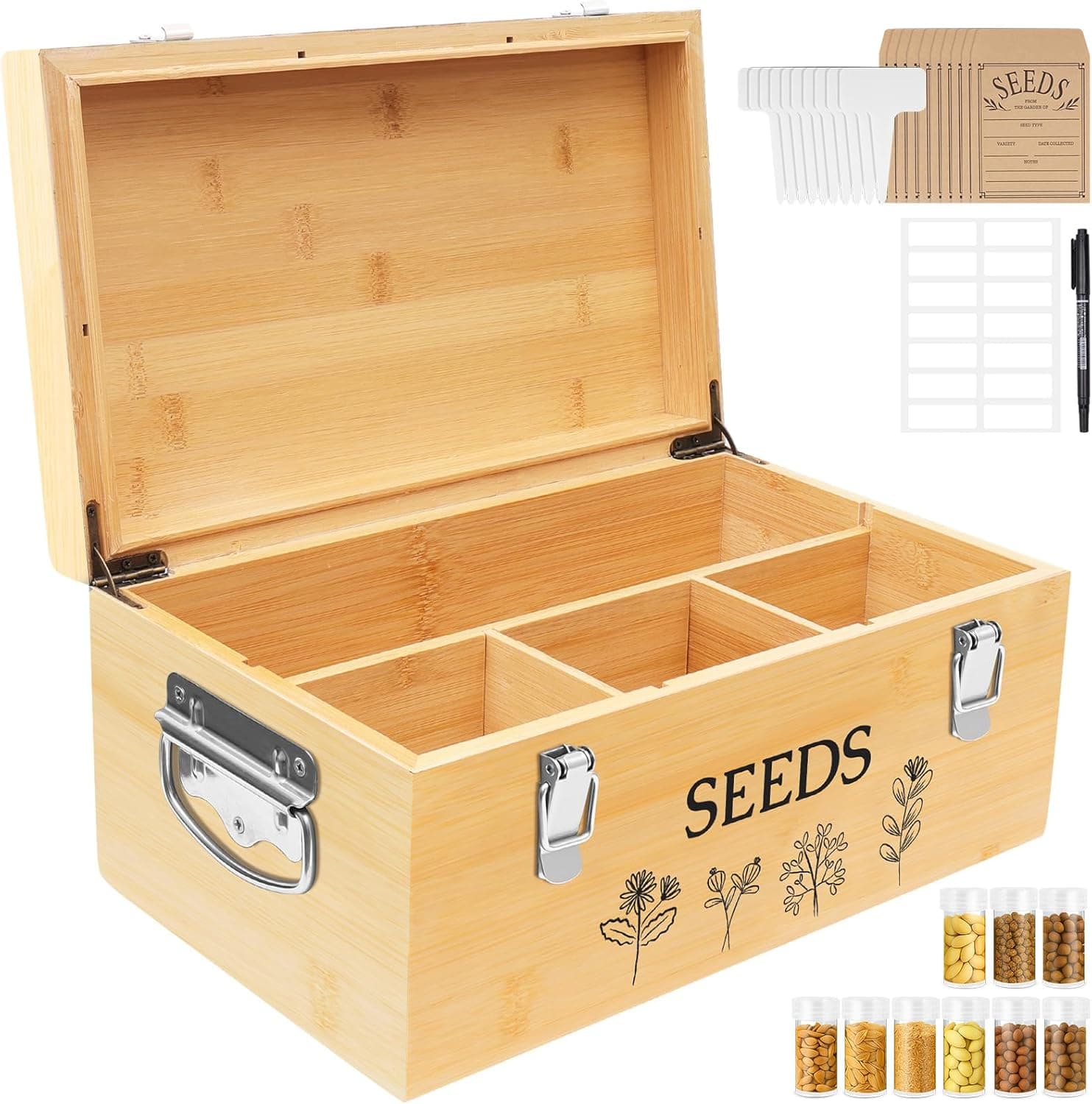 Large Bamboo Wood Seed Storage Organizer Box with Lid,Double-Layer Seal Design Seed Saving Box with 304 Stainless Steel Safety Lock,Handles,Extra Seed Envelopes and Labels (Wood)