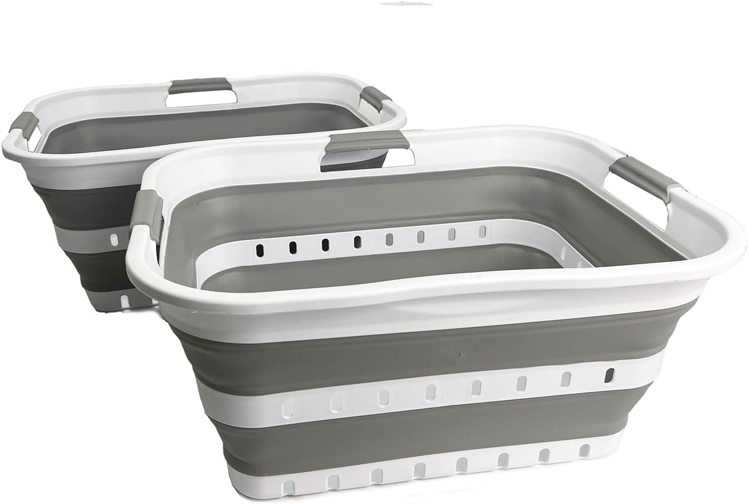 SAMMART 42L (11 gallons) Set of 2 Plastic Foldable Storage Basket/Container - Collapsible, Space Saving and Portable Laundry Hamper, Ideal for Home, Travel, Dorm, and Camping (2, White/Grey)