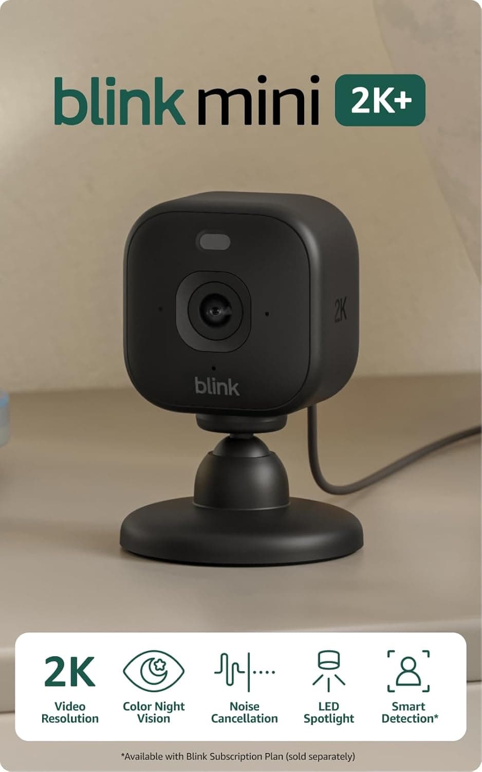 Blink Mini 2K+ (newest model) – Plug-in Home & Pet Security Camera with 2K video resolution, color night vision, enhanced audio, motion detection – 2 cameras (Black)