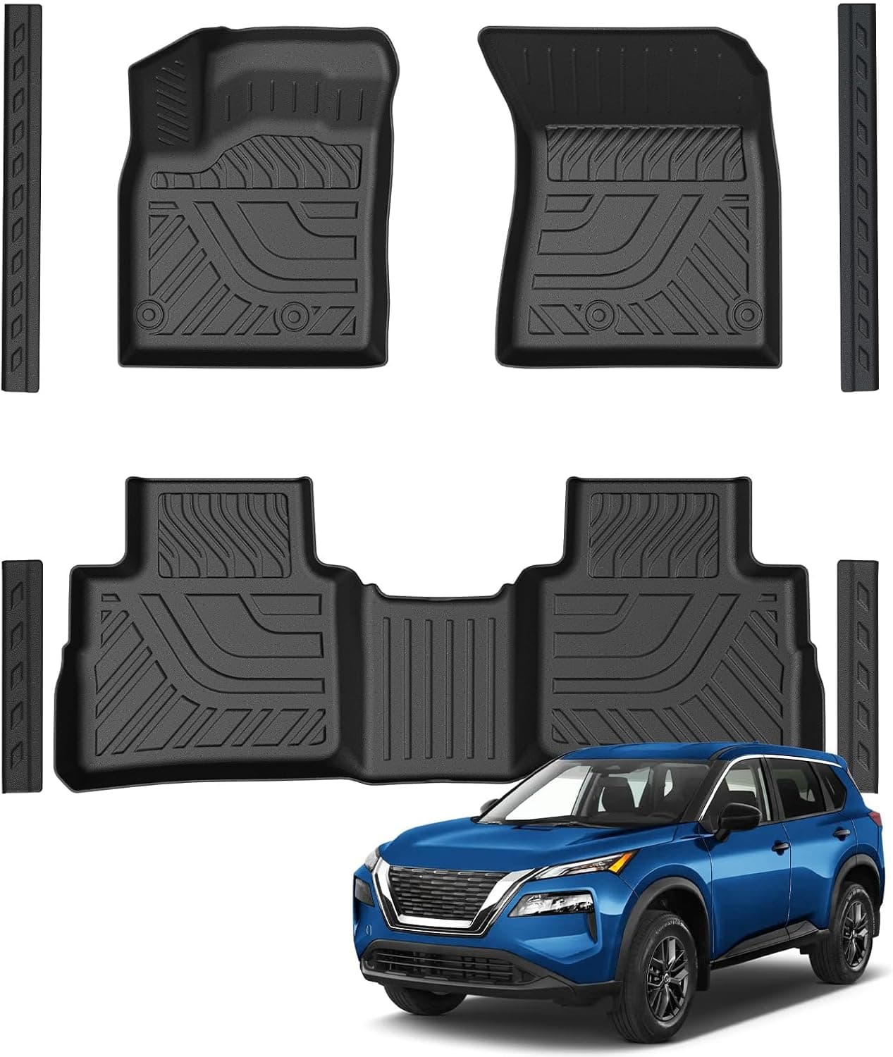 Floor Mats Fit for 2021-2024 2025 2026 Nissan Rogue (Not for Select/Sport Models), TPE Rubber All Weather Protection Heavy Duty Car Liners & 4 Door Sill Guards Accessories