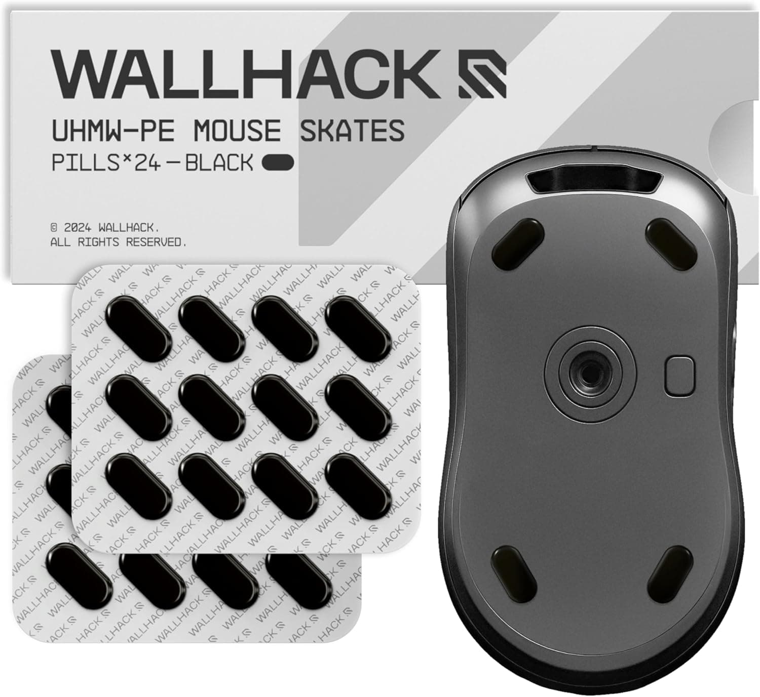 Wallhack UHMW-PE Pill Mouse Skates | Premium Universal Skates for Gaming Mice | Ultra-Smooth Glide on Cloth & Glass Pads | Customize Speed & Control | Durable, Easy to Apply | Black 7mm x 14mm