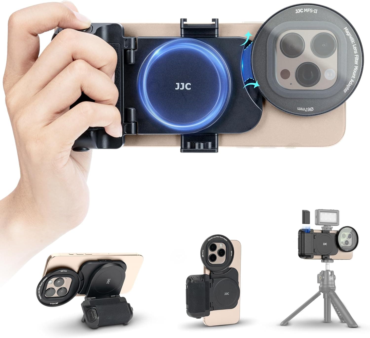 67mm Magnetic Phone Lens Filter Mount with Phone Camera Snap Grip Kit for iPhone 16 15 14 Pro Max Plus, Filter Adapter Set for ND CPL w Cold Shoe Adapter & Tripod Mount Pull-Out to Fit Pro Max Plus