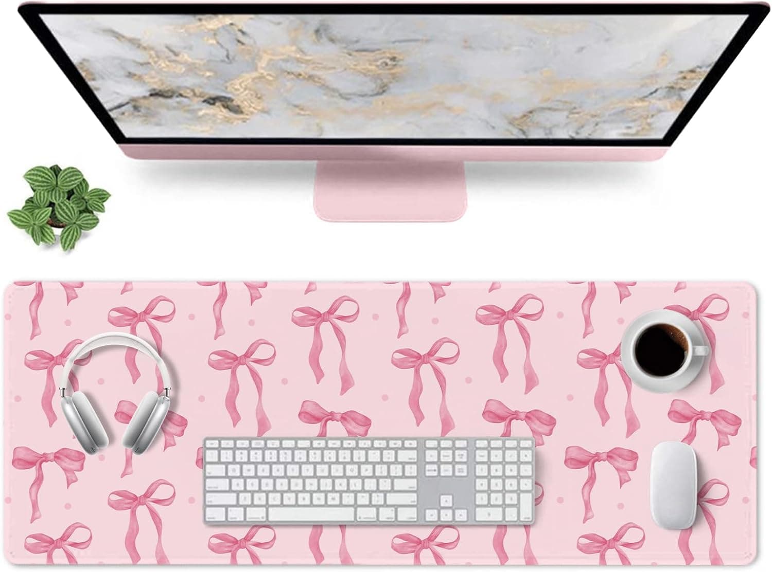 Large Bow Mouse Pad, Desk Mat Pink Office Accessories, Pink Keyboard Pad Computer Mat Non-Slip Rubber Base Large Gaming Mouse Pad Laptop Pad, Cute Office Supplies Desktop Decor for Girls 31.5 x 11.8in