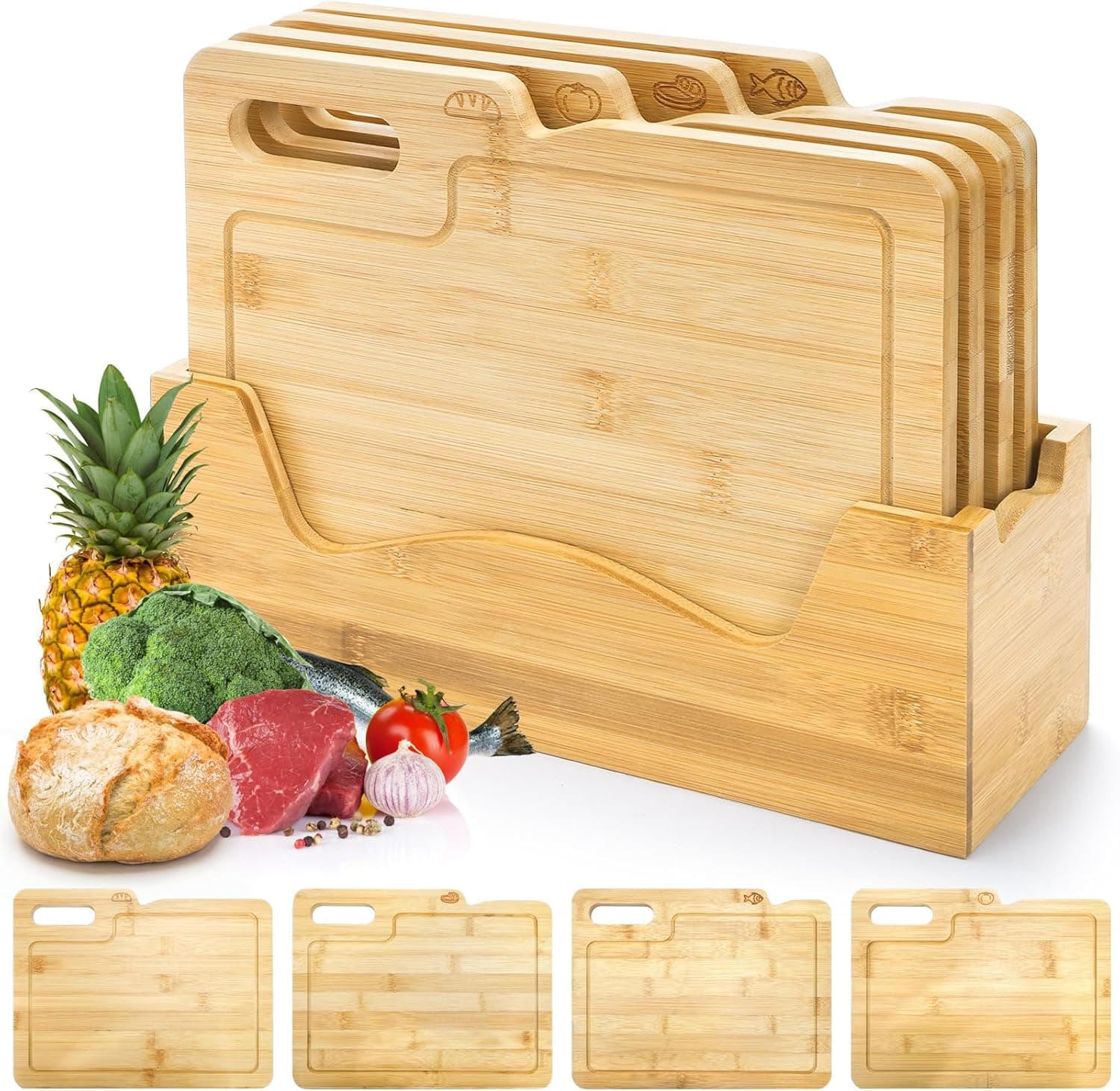ZENFUN 4 Pack 12.5"L x 9.8"W Bamboo Cutting Boards with Holder, Wood Cutting Board Set, Chopping Boards Set with Food Icons, Kitchen Cutting Board Ideal for Meat, Fish, Bread, Vegetable, Fruit
