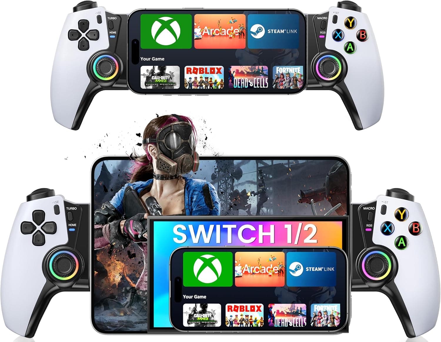 Wireless Phone Controller for iPhone/Android/Switch 1/2/OLED/iPad Mini With Hall Joystick, LED Mobile Gaming Controller for iOS Support Xbox, Steam Link, GeForce Now, Arcade,Roblox,PlayStation 3 Skins