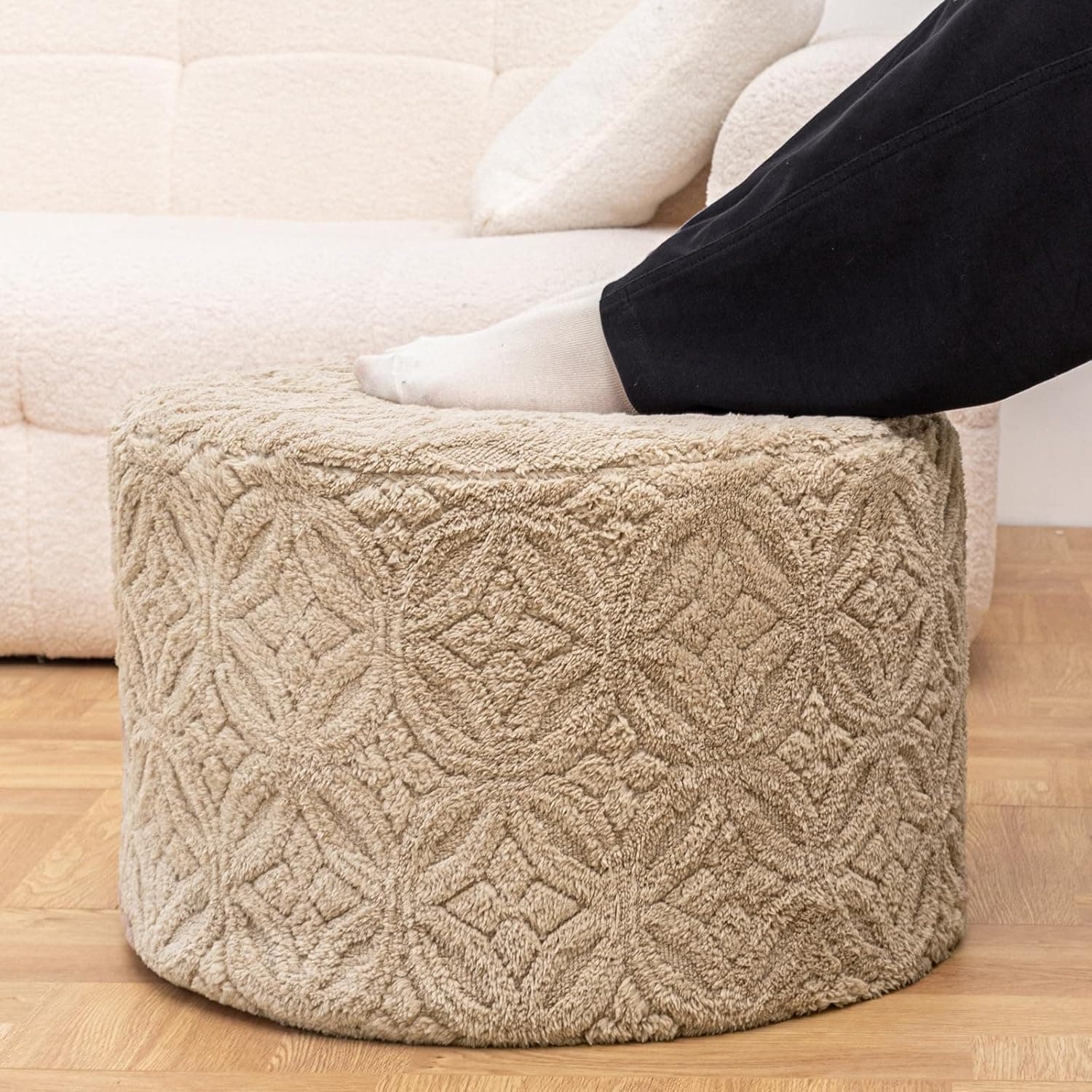 Plush Multi-Functional Ottoman Pouf – Ergonomic Ottoman Foot Rest with Space-Saving Design, Perfect Under Desks, Couches & Sofas (Light Coffee)