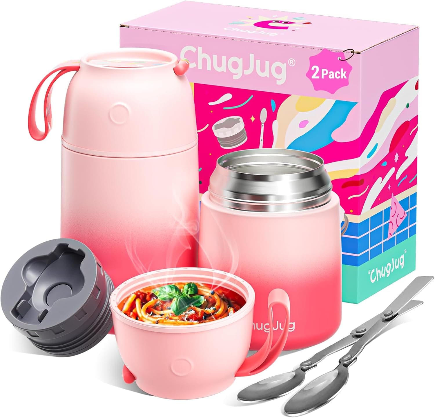 2 Pack Soup Thermo for Hot Food for Adults Kids, Vacuum Insulated Food Jar, Lunch Thermo Food Container for School Office, Cute Travel Food Flask with Spoon(26 oz,18 oz) (Pink)