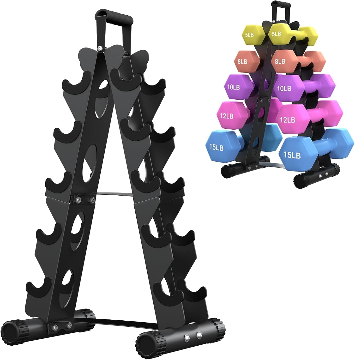AmazeFan 5 Tier | 3-Tier Dumbbell Rack Stand Only, A-Frame Design Weight Rack with Handle, Weights Metal Strength Training Dumbbells Storage Rack for Home Gym Space Saver (Dumbells not Included)