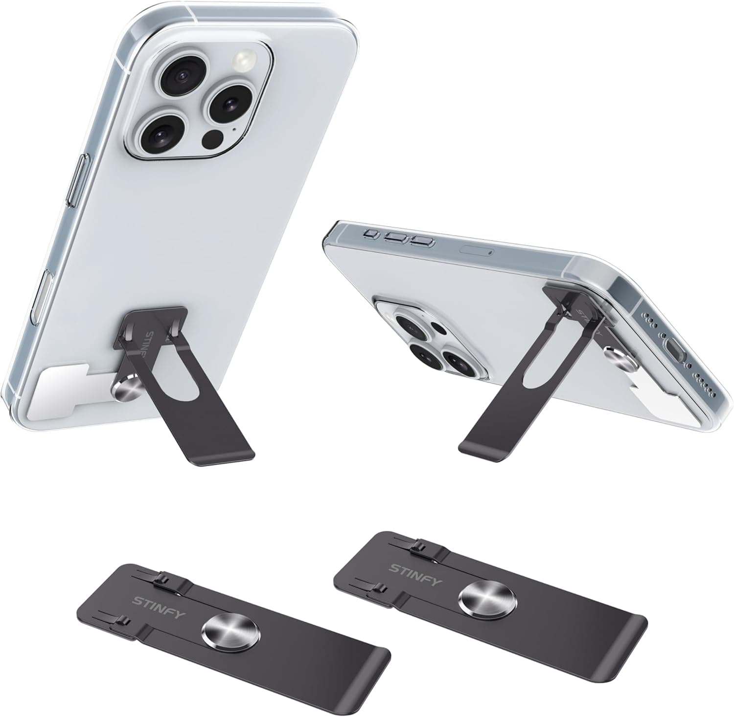 Phone Slim Kickstand, Ultra Thin Vertical and Horizontal 360° Rotating Universal Steel Metal Stable Stand Pocket Friendly Sticky Holder for iPhone Samsung Cellphone Case (Black 2-Pack)