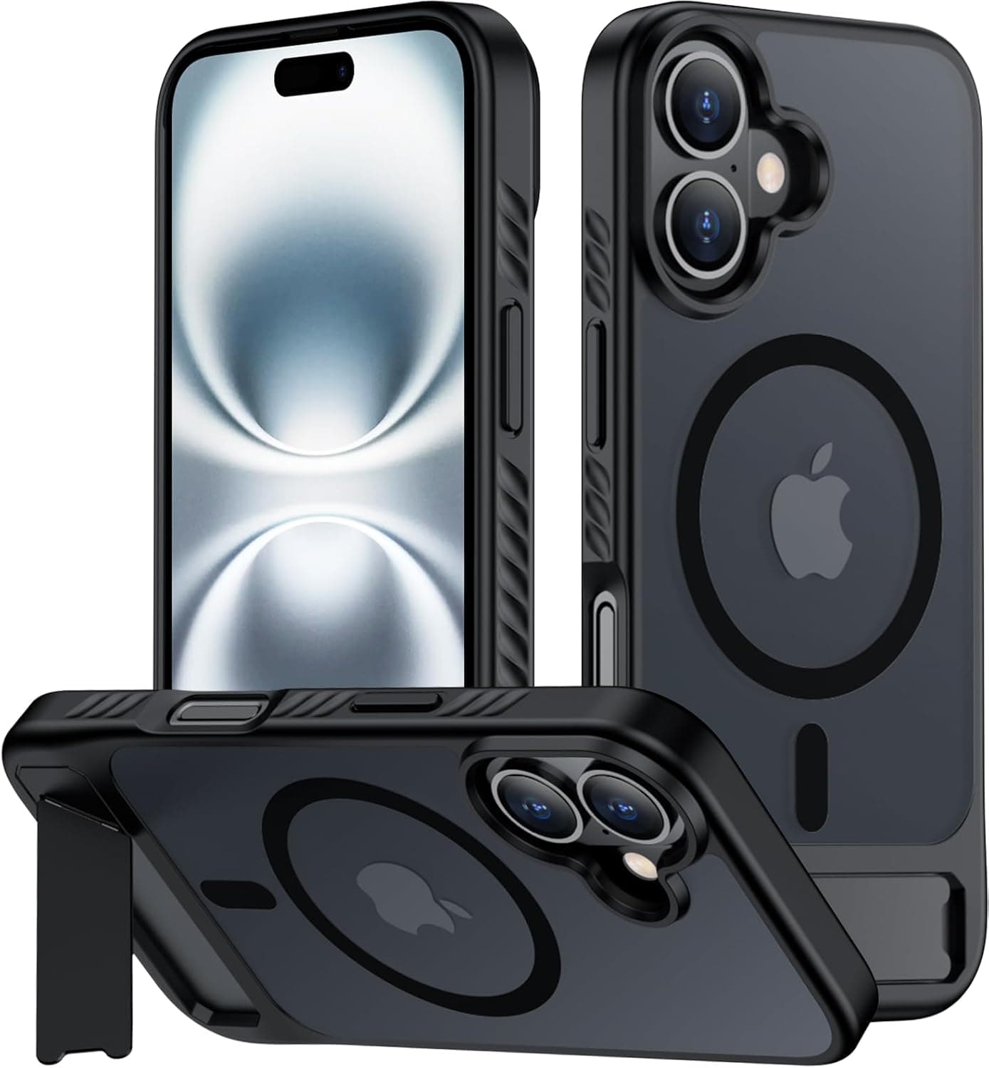 for iPhone 16 Case with Kickstand,[Compatible with Magsafe] Slim Translucent Matte Military-Grade Protection & Anti-Yellowing,Magnetic Phone Case for iPhone 16,Black