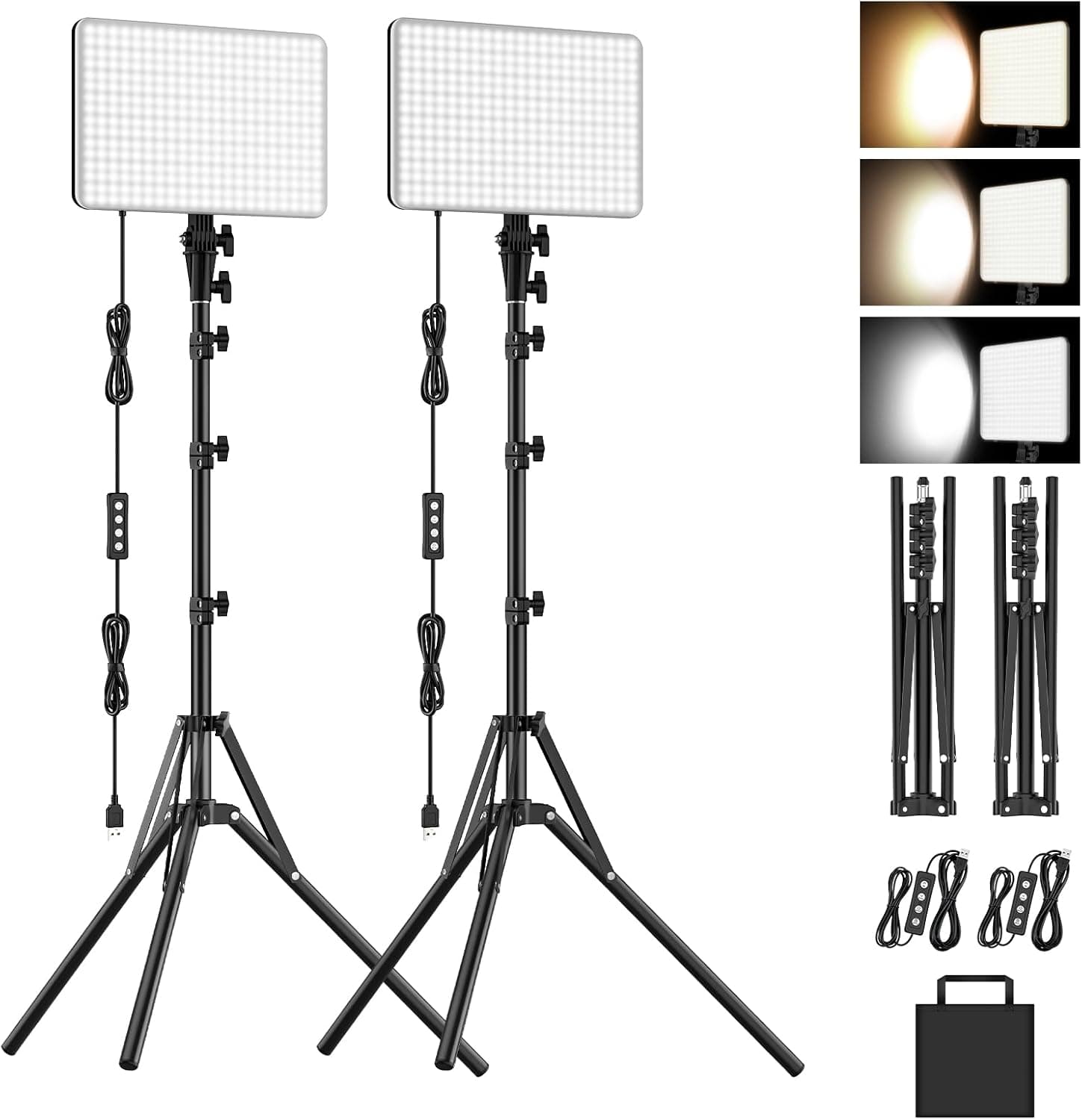 2-Pack LED Video Lighting Kit, Anautin 15W/1700Lux Photography Lighting with Tripod Stand, 2500-8500K Dimmable Streaming Light for Video Recording, Gaming, Podcast, Barber, Salon, TikTok, YouTube