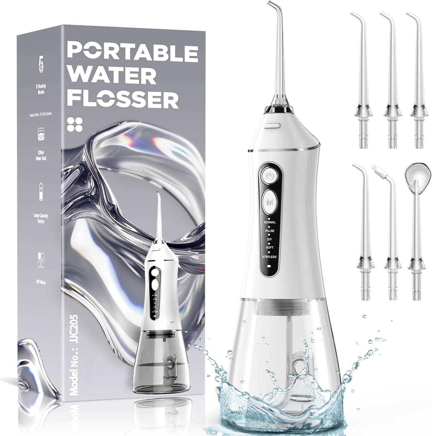 Water Flosser for Teeth Cleaning and Flossing, 5 Modes Rechargeable Cordless Oral Irrigator 320ml Water Tank Teeth Cleaner, IPX7 Waterproof Portable Electric Dentel Flossers for Home and Travel,White