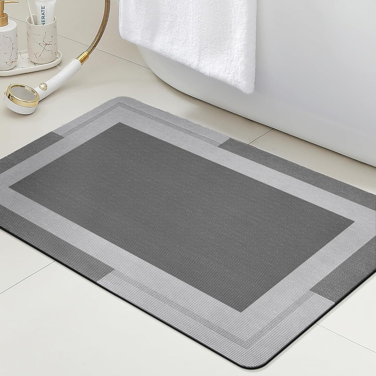 Ultra Thin Bath Mat, Upgrade Backing Non Slip Thin Bath Mats Fit Under Door, Quick Dry Ultra Absorbent Bathroom Rugs, Machine Washable Bath Rugs for Bathroom, Bathtub & Kitchen, Grey/Bordered/24"x17"
