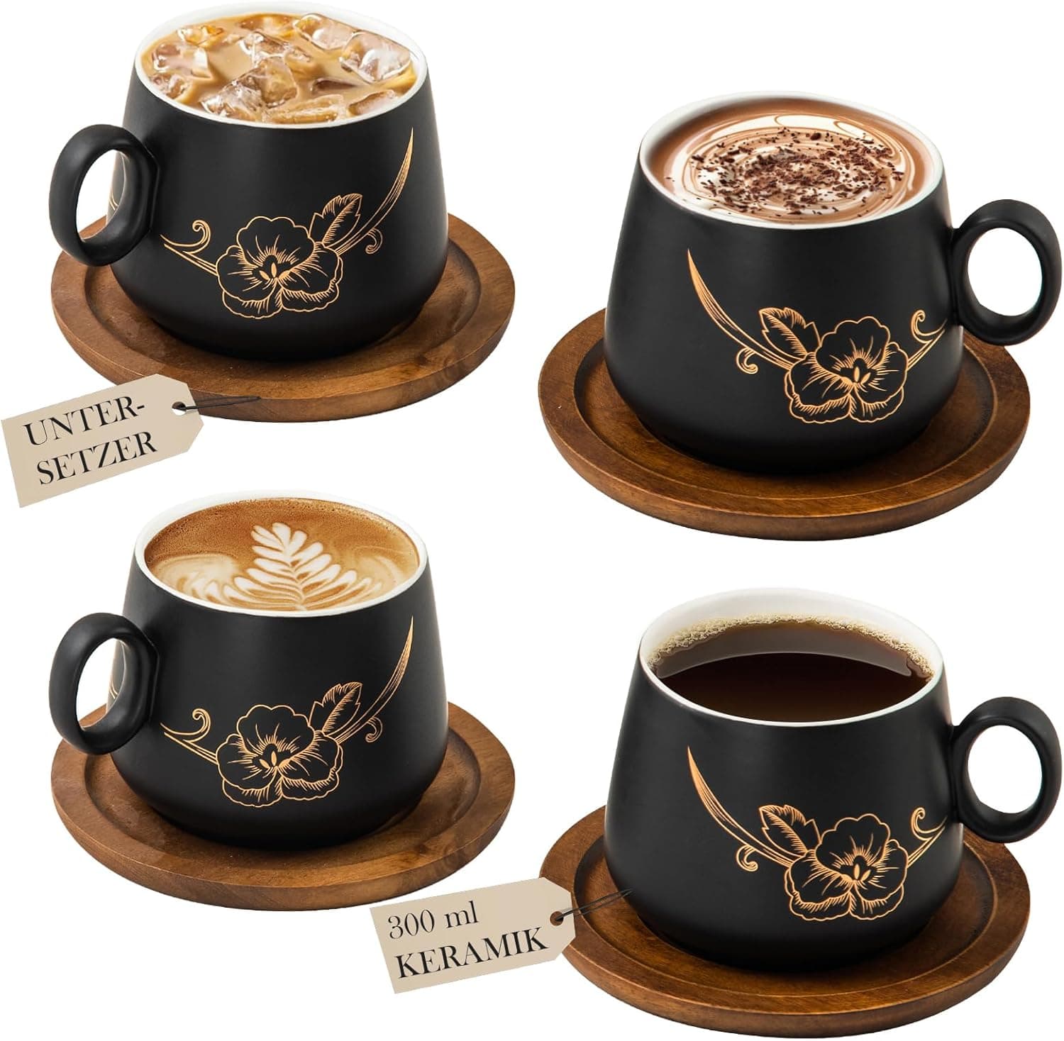 Yundu 10oz Cappuccino Cups & Wooden Saucers Set with Gold Floral Art, Latte Art Cup for Espresso, Coffee & Tea, Modern Matte Black Ceramic Tea Cup Set of 4