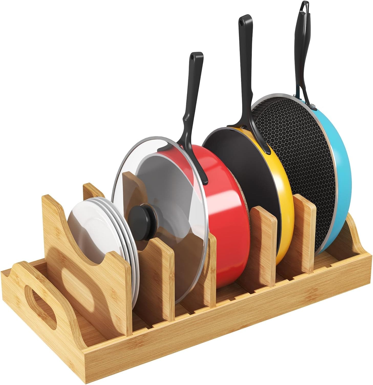 Lifewit Bamboo Pot Lid Organizers for Inside Cabinet, Pot and Pans Lid Holder with 6 adjustable Inserts & 7 Compartments, Lid Storage for Kitchen Pantry Organization, 15.6" X 8.1"