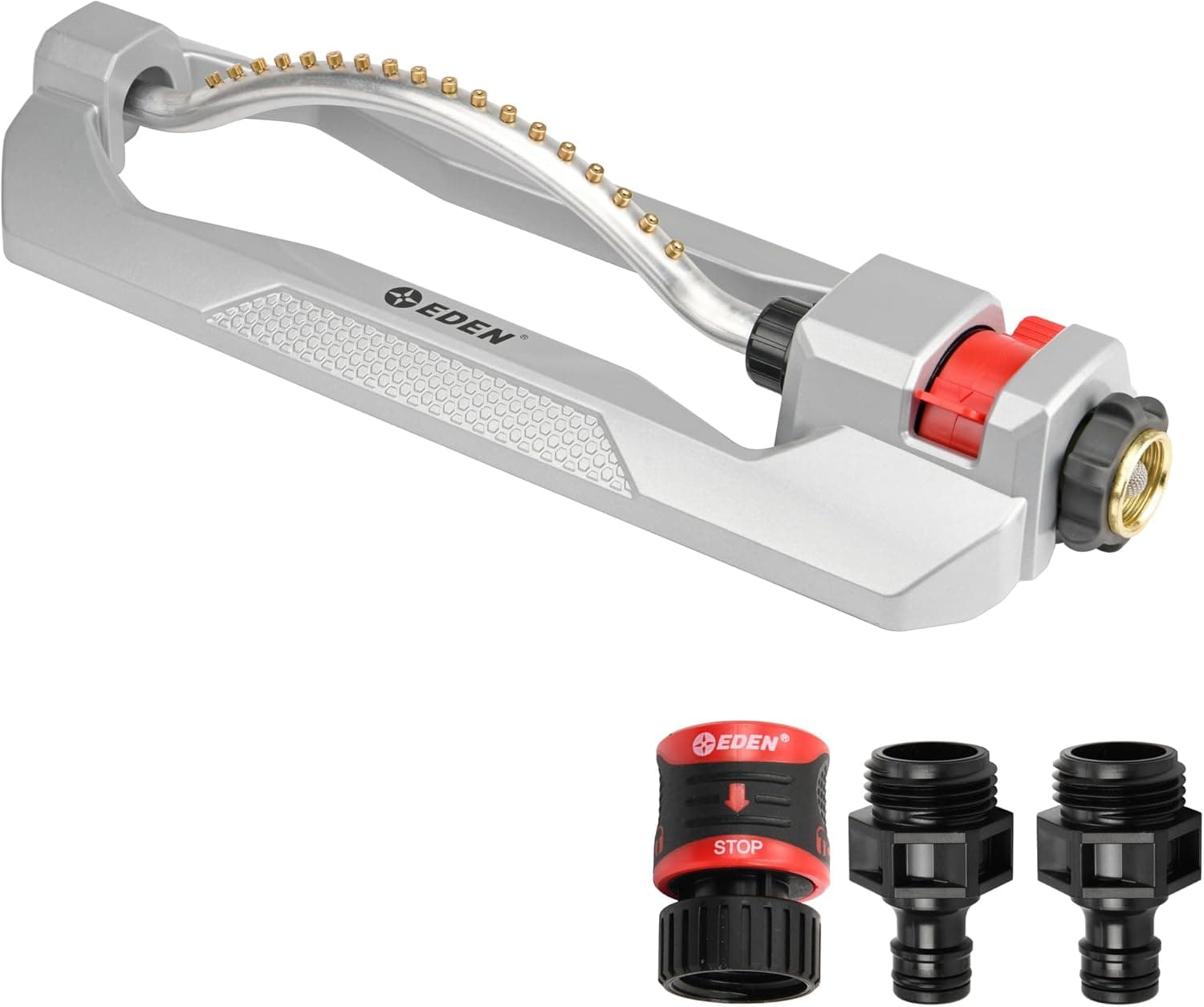 Eden 96218 Heavy Duty Turbo Oscillating Sprinkler, Covers Up to 3,700 sq. ft., 18 Brass Nozzles, Weighted Aluminum Base, Adjustable Range, Quick Connect Bundle, Silver, Red, Black