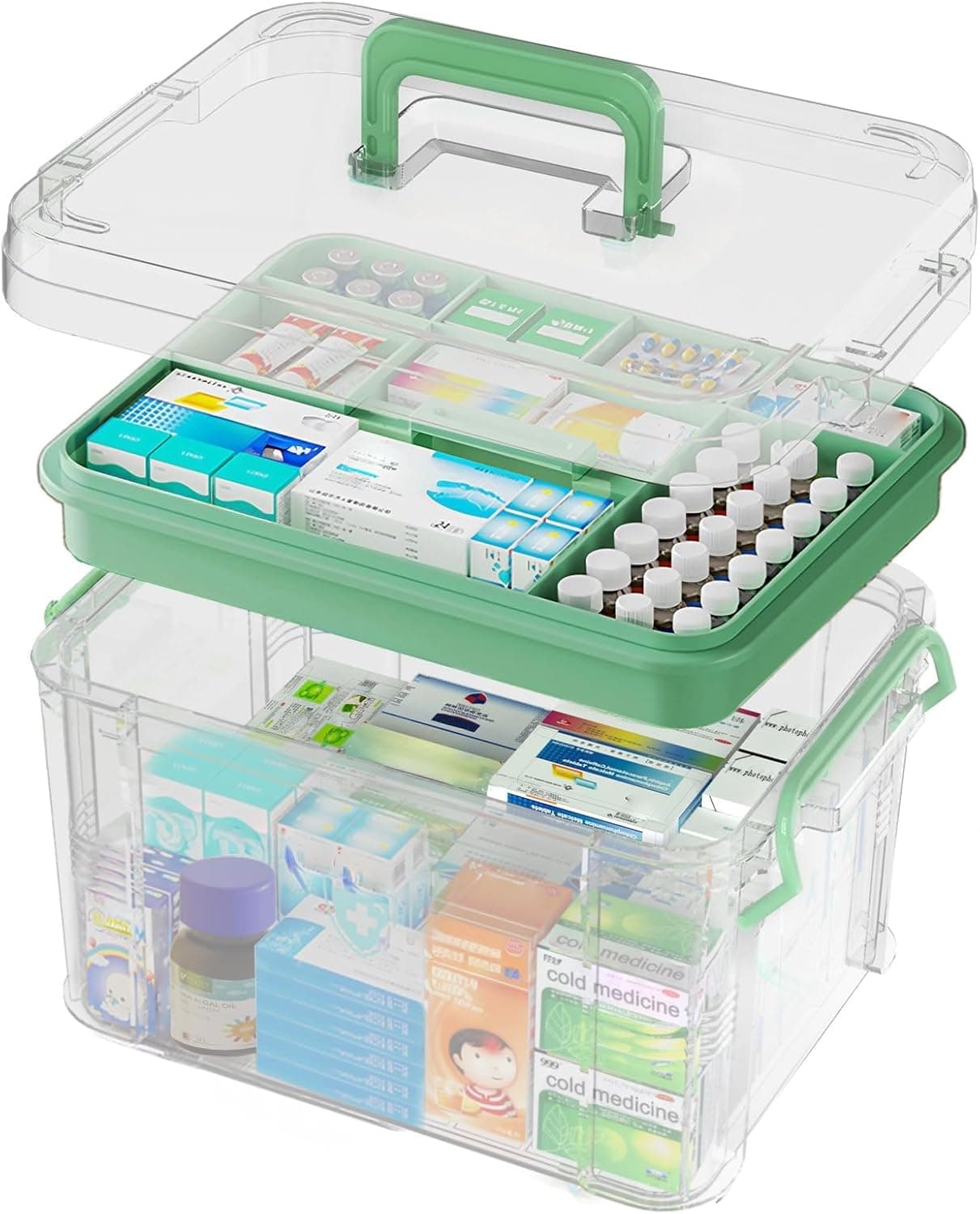 15QT Clear Medicine Organizer Box with Handle, Plastic Medicine Container with Tray First Aid Box Empty, Thickened Medicine Storage Organizer Multipurpose Medication Organizer Storage