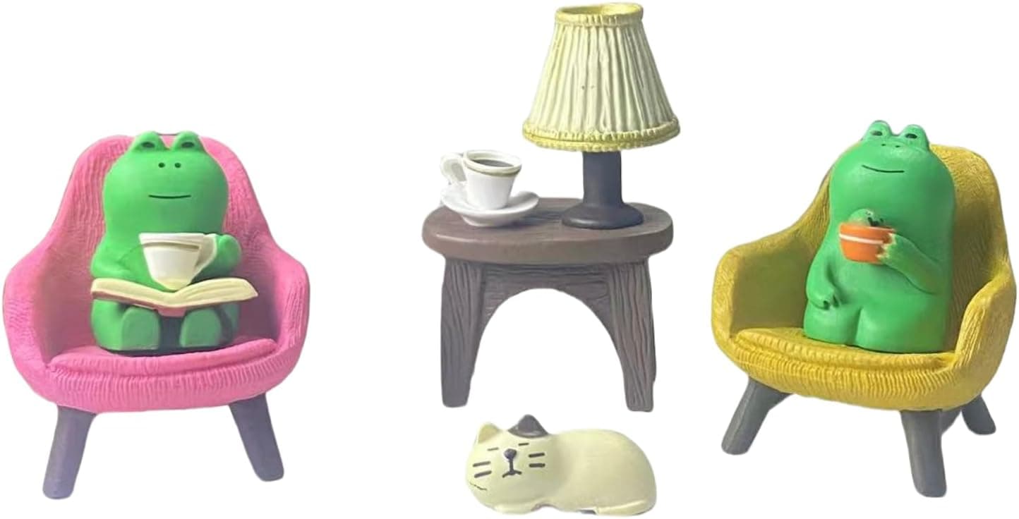 Miniature Frog Set with Sofa, cat, and Desk lamp - Cute Desk Accessories for Office Desk Decor and Home Display, Perfect as Desk Pets or Flower Frog