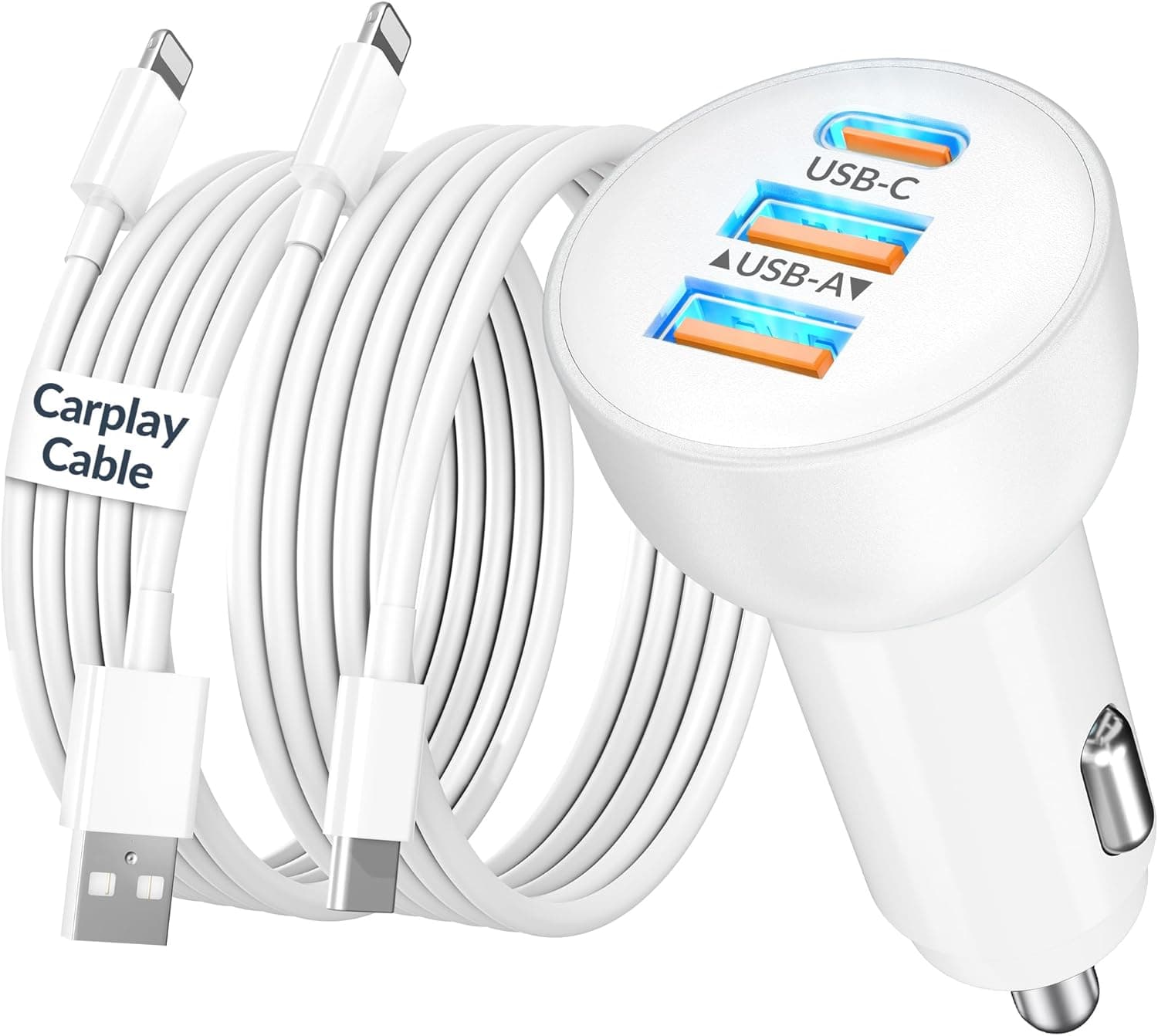 3-Port 70W Fast Car Charger for iPhone 14 13 12 11 Pro Max Plus Mini SE XR XS X 8 7 6, iPad, 2Pack USB Carplay Cord &Lightnings Charging Cable and USB-C&A Car Charger Adapter Cigarette Lighter