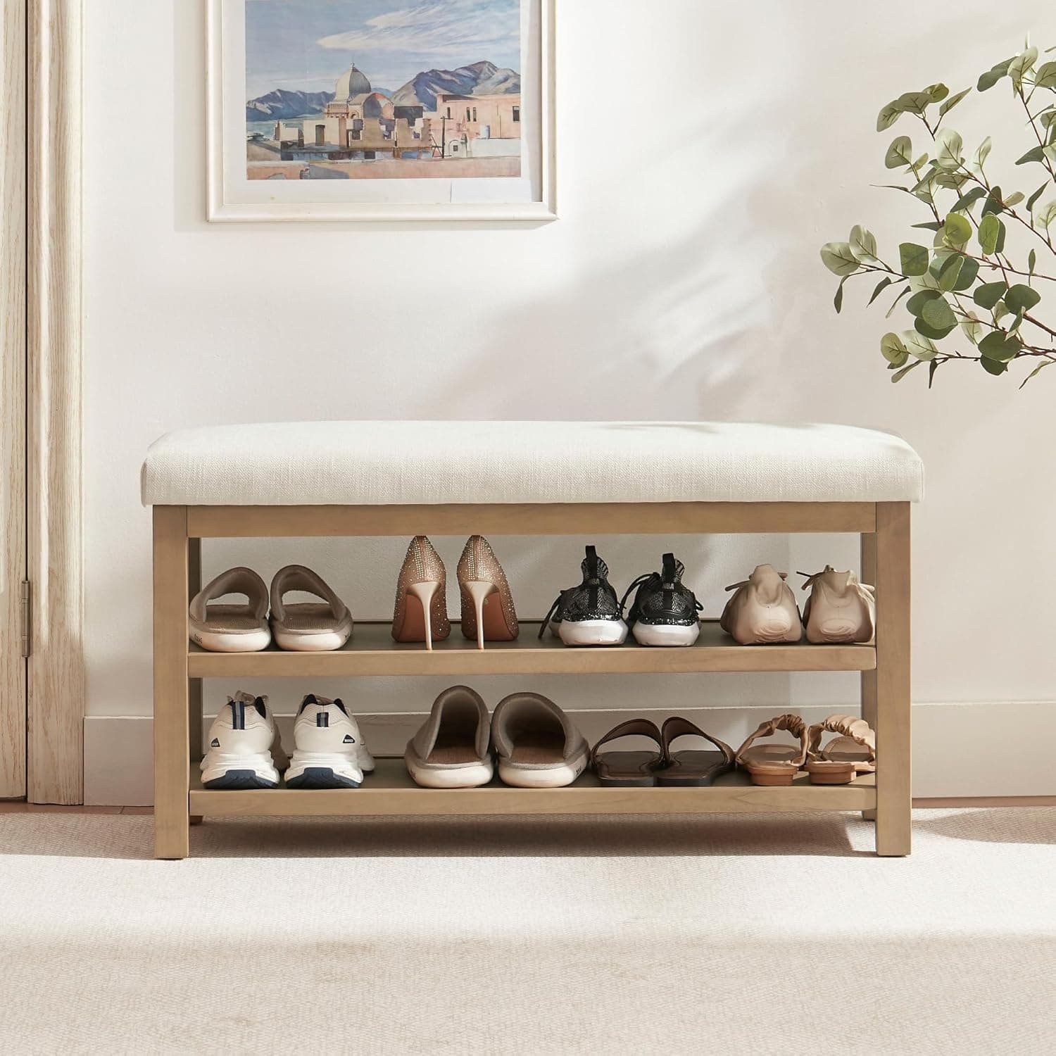 2 Tier Shoe Rack Bench with Cushion, Solid Wood Shoe Benches, Mid-Century Modern Shoe Storage Bench for Entryway, Hallway, Living Room, Closet, Front Door Entrance, (Beige, 39.4")