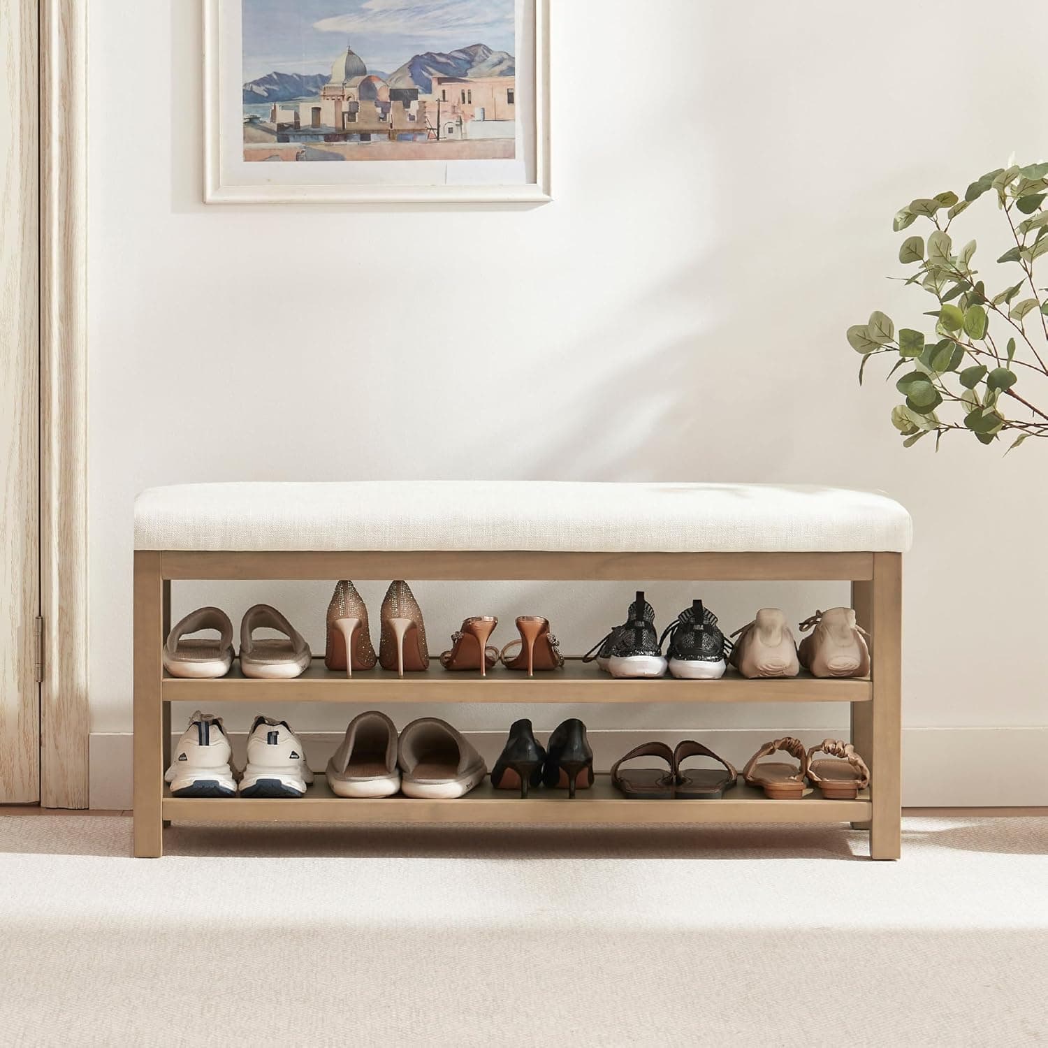 2 Tier Shoe Rack Bench with Cushion, Solid Wood Shoe Benches, Mid-Century Modern Shoe Storage Bench for Entryway, Hallway, Living Room, Closet, Front Door Entrance, (Beige, 46.5")