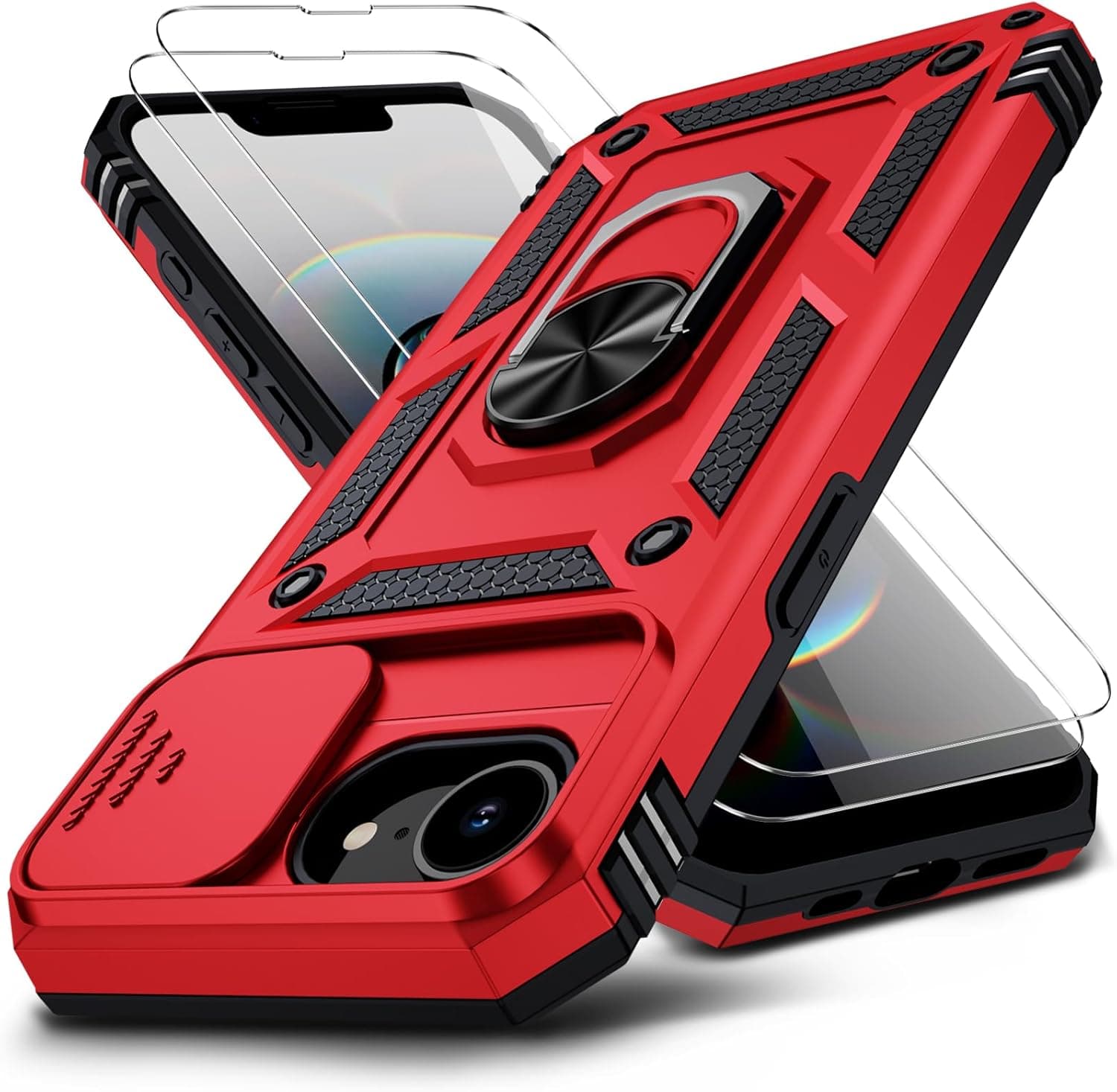 for iPhone 16e Case with 2X HD Screen Protector & Slide Camera Cover & Rotated Ring Kickstand, [Military-Grade] Rugged Heavy Duty Protective Phone Case for iPhone 16e 6.1 inch, Red