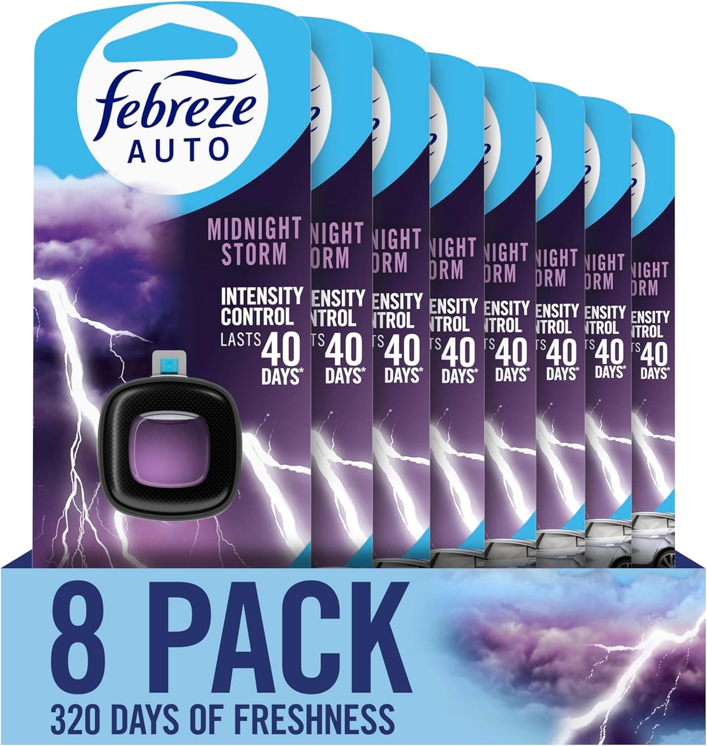 Febreze AUTO Air Freshener, Odor-Fighting Automotive Vent Clip, Midnight Storm Scent, 8 Count