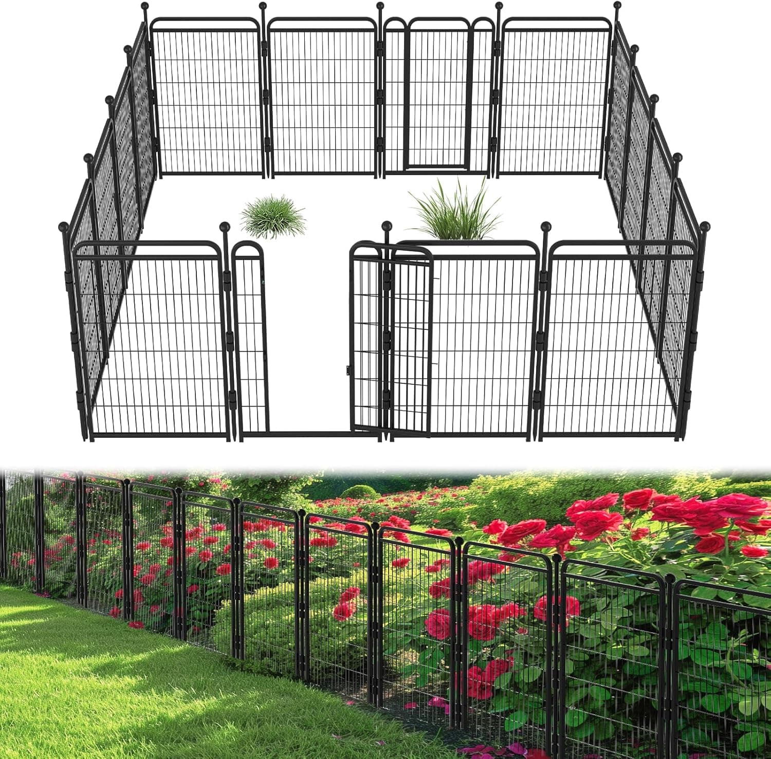 40 in(H) Decorative Garden Fence Outdoor for Yard with 2 Gates,Heavy Duty Iron 16 Panels Total 34.7ft(L) Anti Dig Fence with Gravity Automatic Lock for Indoor/Outdoor Decorative Dog Fence,Black