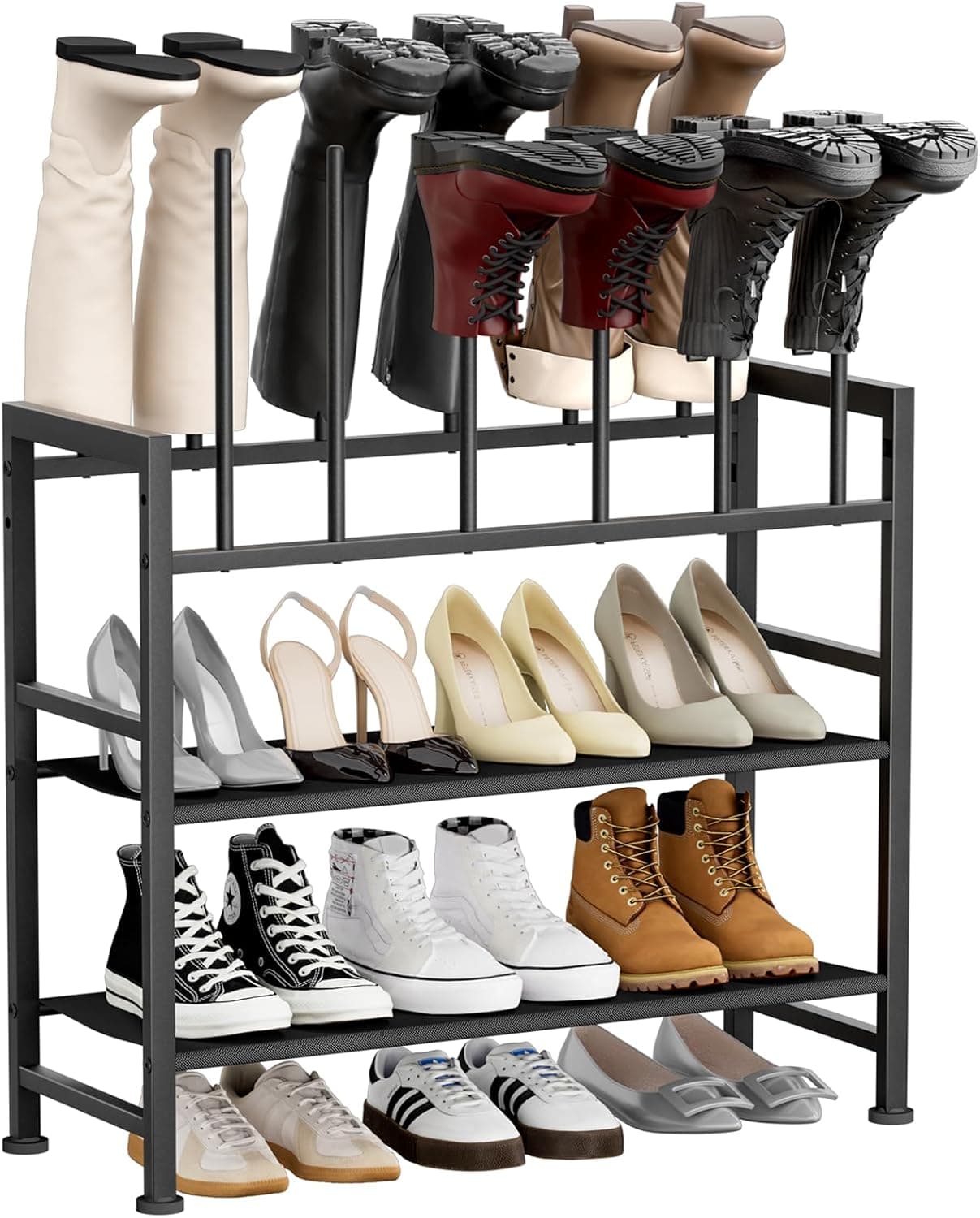 DIMJ Boot Rack 4-Tier - Black Metal Boot Storage Rack for Tall Boots Organizer Tall Boots, Multiuse Shoe Rack for Boots, Sneakers, High-Heel, Entryway, Fits 6 Pairs
