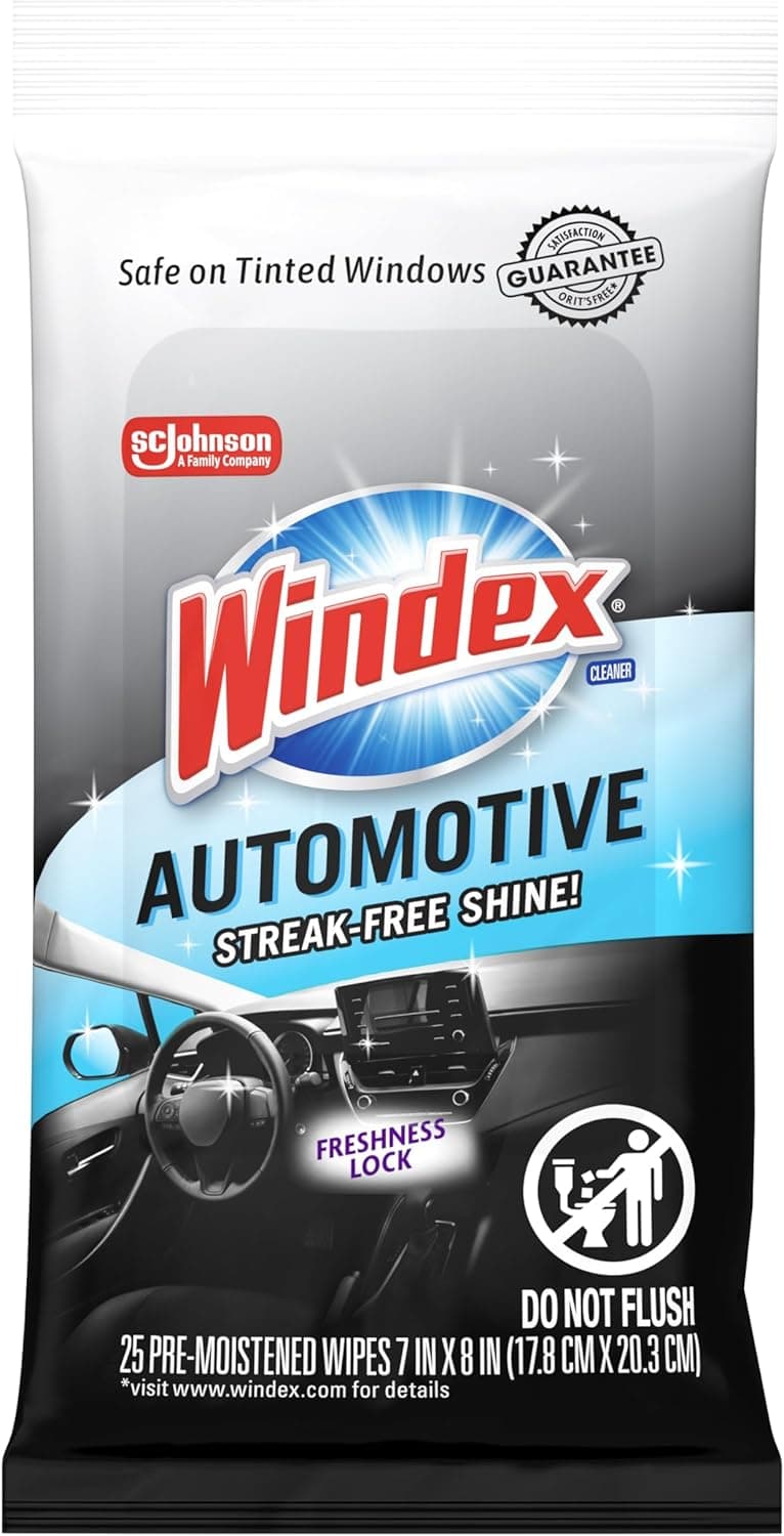 Windex Auto Wipes for Car Windows, Mirrors and Screens, Pre-Moistened Car Cleaner Wipes for Quick Streak-Free Shine, Guaranteed Safe for Tinted Windows and Electronics, 25 count (Pack of 1)