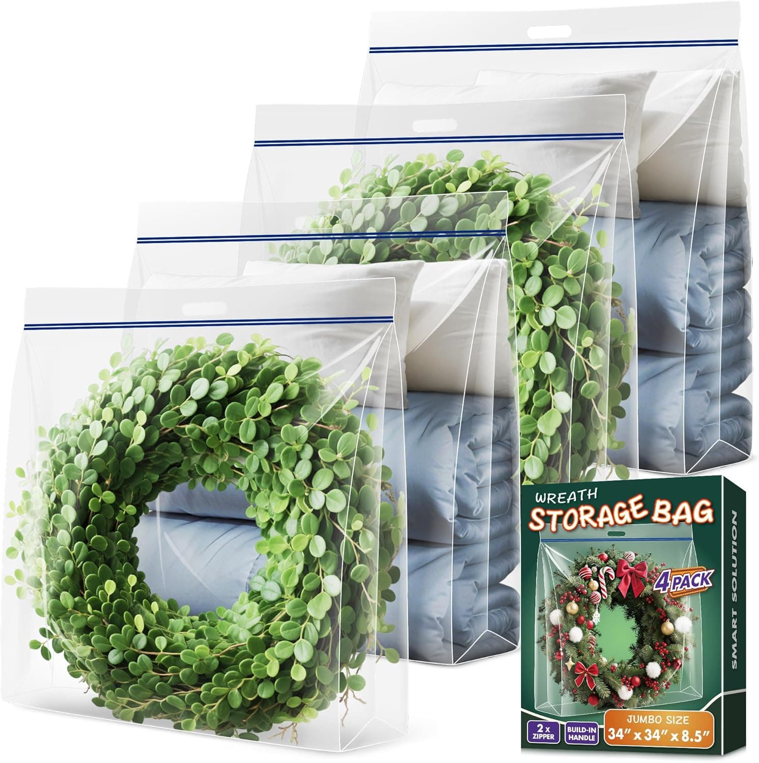 Extra Large Wreath Storage Bag, 34"x34"x8.5", Clear Storage Bag with Handle, Summer Christmas Decoration Garland Container for Seasonal Thanksgiving Holiday Artificial Wreath, 4 Pack