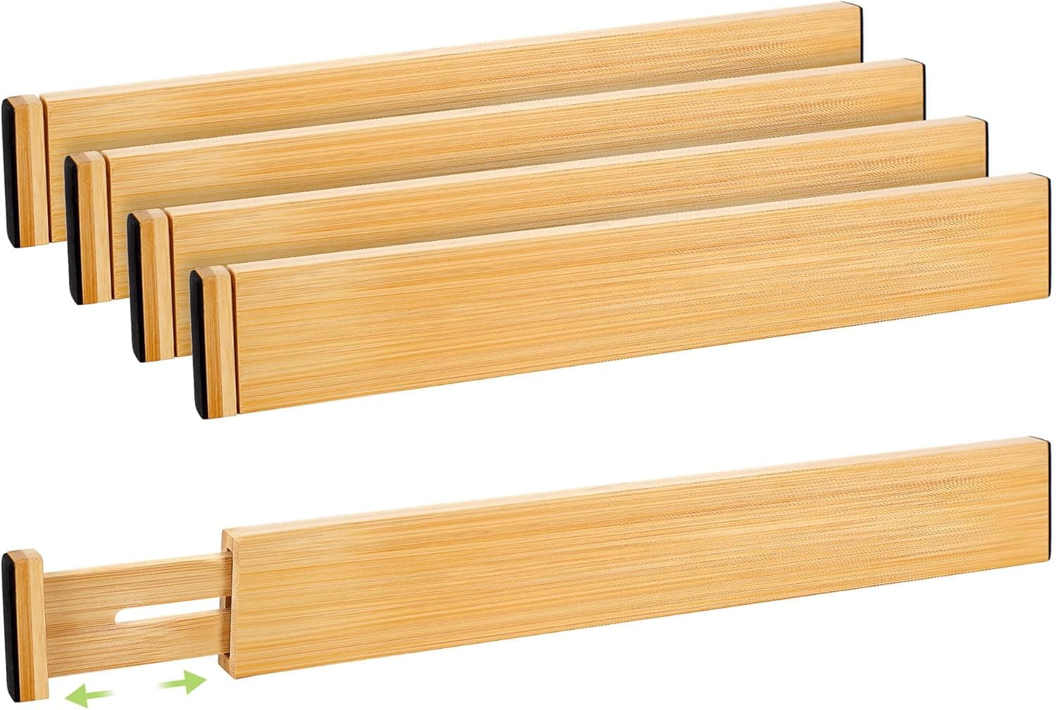 Drawer Divider, Adjustable Bamboo Kitchen Drawer Organizer, Spring Loaded Drawer Organizer, Dresser Separators for Kitchen, Bathroom, Clothes, Office Desk Storage (Natural, 4 Pack Large)
