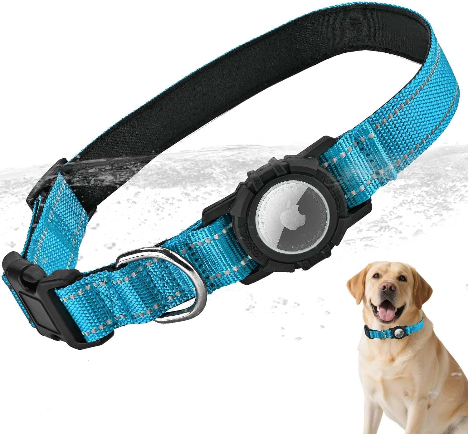 Airtag Dog Collar with Waterproof Air Tag Holder, Integrated Reflective Pet Collar with Soft Padding, Adjustable Nylon Collar for Small Medium Large Dogs, Blue,M (14.5"-19.7")