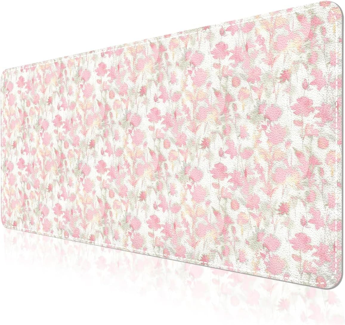Botanical Floral Desk Pad Blotter,Large Mouse Pad 35 x 17in,PU Leather Desk Mat Writing Pad Protector, Non-Slip Waterprrof,Desktop Decor for Home Office & Gamers Women Girls (Soft-hued Pink Floral)