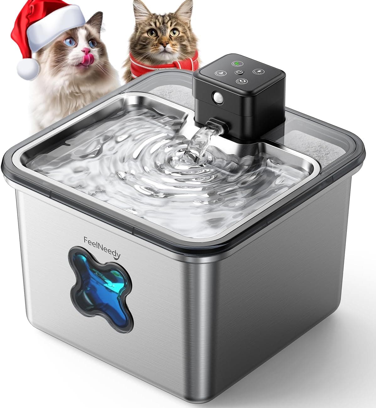 Cat Water Fountain Cordless: [Visual Filter] & [Heavy-Duty Stainless Steel] FEELNEEDY- Premium, Durable Design. 3.2L/108oz, 4000mAh Battery Operated Pet Fountain with Sensor, for Cats and Dogs
