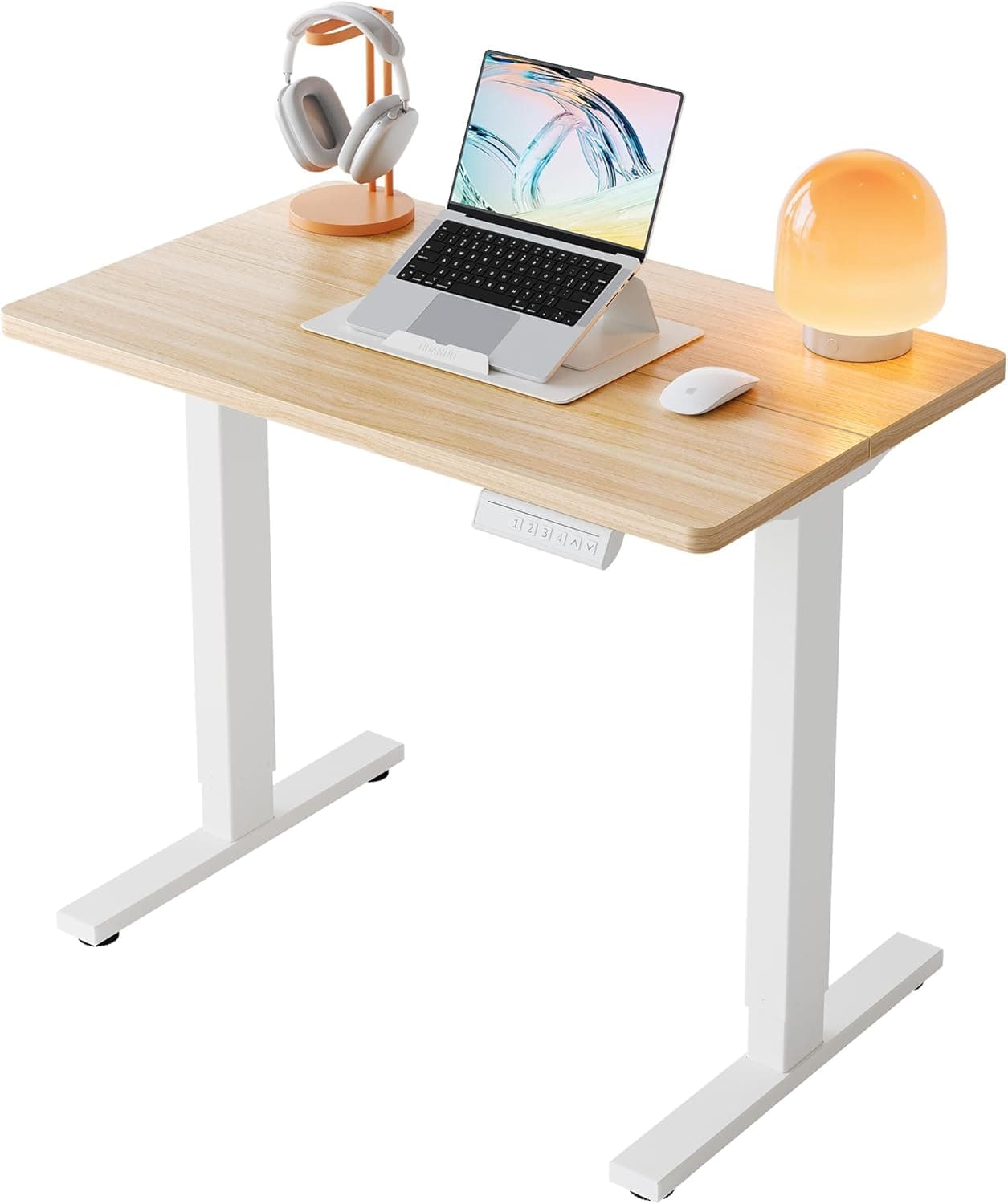 HUANUO 32" Small Electric Standing Desk Adjustable Height, 4 Memory Height Settings, Sit Stand Up Desk for Home Office & Computer Workstation, LightWalnut