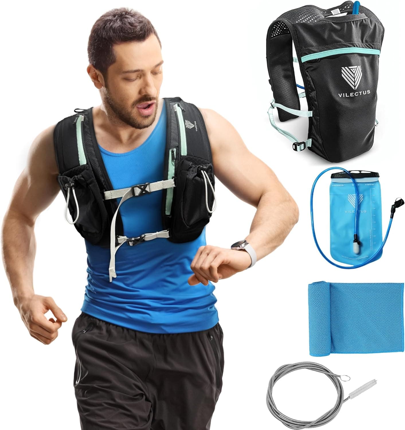 Running Vest for Women Men - Hydration Backpack with Cooling Towel & Tube Cleaner, 2.0L Water Bladder Bag, Lightweight Reflective Backpack for Hiking, Marathon & Trail Running Hydration Vest