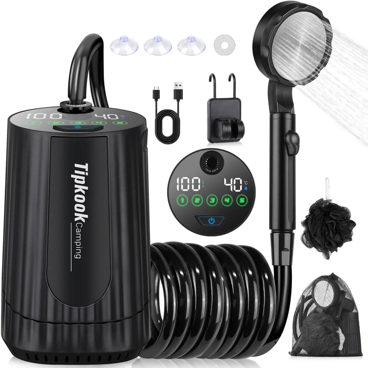 Portable Shower for Camping Essentials: 10000mAh Rechargeable Camping Shower Pump, IPX8 Waterproof Outdoor Shower, 5-Speed Camp Shower Pump with LED Display, Christmas Camping Gifts for Men,Hike Crew