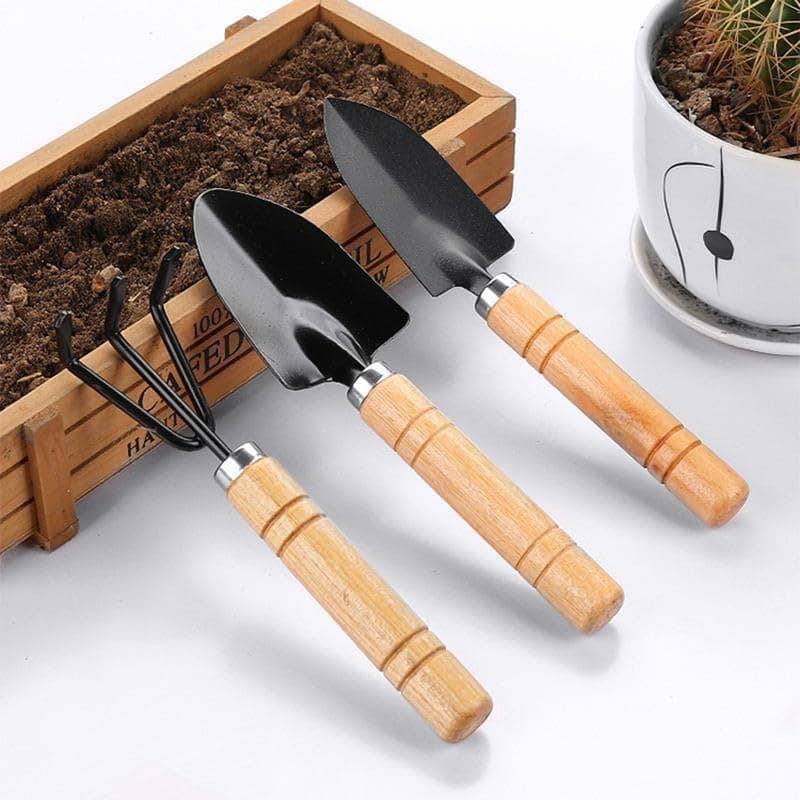 3 PCS Mini Gardening Tool Set, Shovel, Spade, Rake Kit with Ergonomic Wooden Handles, Ideal for Planting, Weeding and Cultivating, Kid Gardening Plant Tool for Cactus Herbs Indoor Miniature Plants