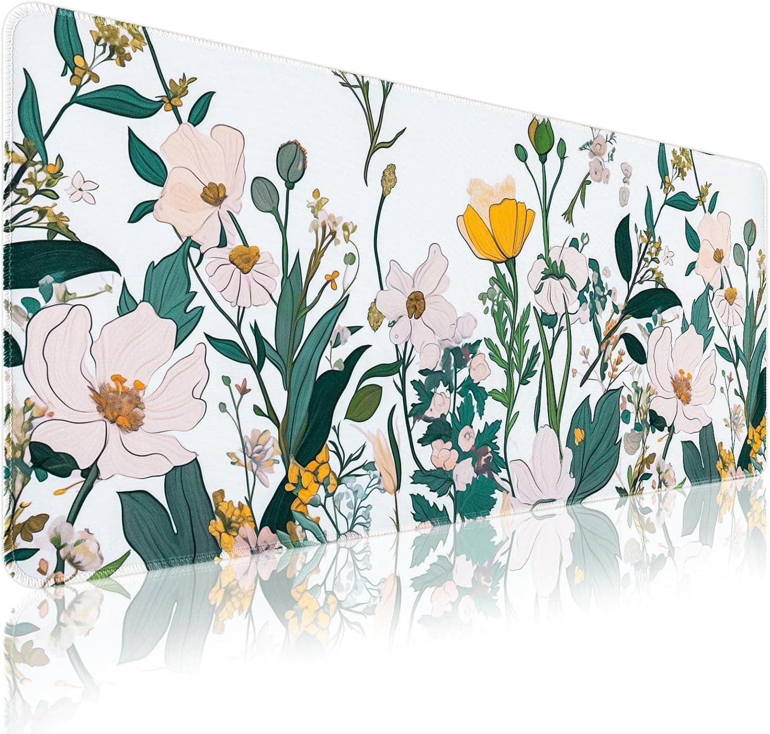 Floral Desk Mat, Desk Matt for Desktop Non-Slip, Large Mouse Pad with Stitched Edges, XL Computer Desk Mat for Women Office Decor (Yellow, 31.5" x 15.7")