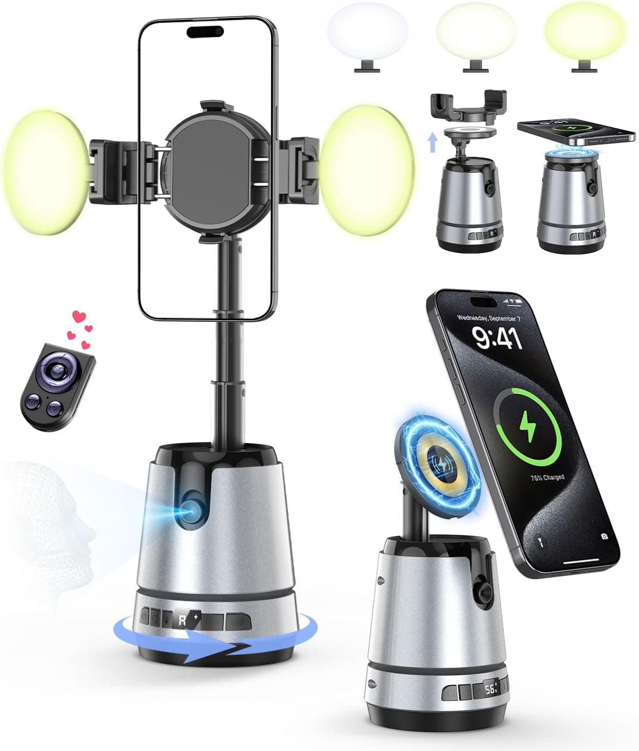 Auto Face Tracking Magnetic Phone Charger Stand with Light,1800mAh Magnetic Wireless Charger,360° Rotating Phone Holder with Remote Control for Video Recording/TikTok/YouTube/Content Creator