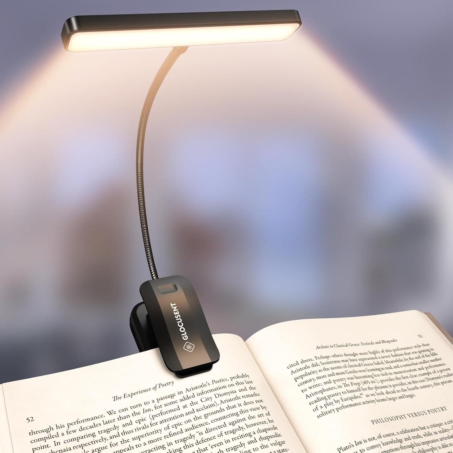 Glocusent 26 LED Book Light, 1200 mAh 90 Hrs Lasting Rechargeable Reading Light, 5 Amber Colors & Stepless Dimming Book Reading Light - Portable Clip on Light for Book Lovers Kids