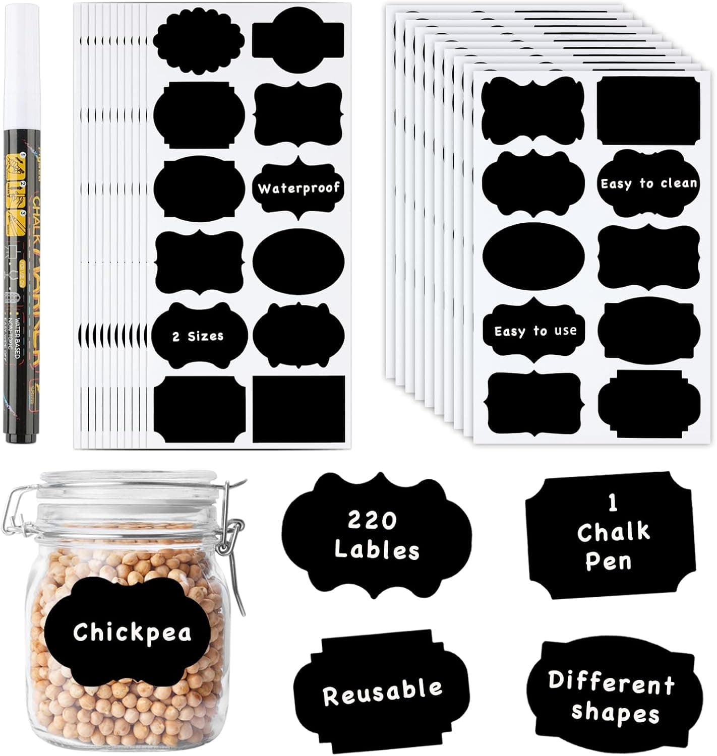 220 Pcs Waterproof Chalkboard Labels，2 Sizes with 1 White Chalk Marker, Reusable Label for Pantry, Jars, Storage Bin, Food Container, Jars, Containers