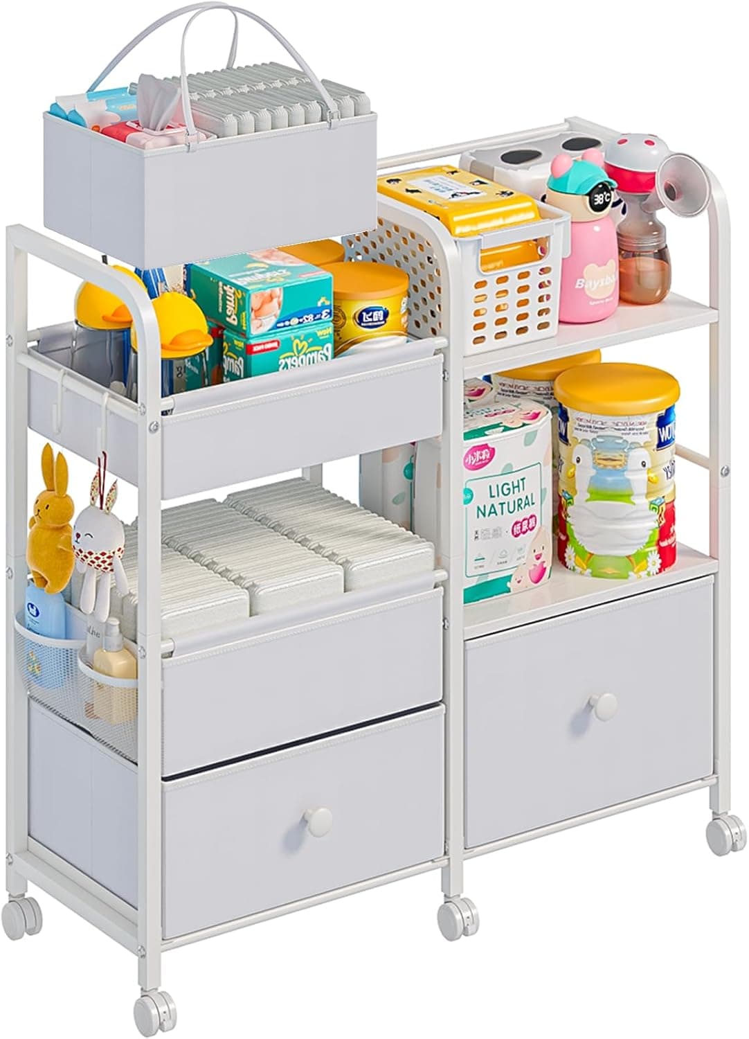 2 In1 Baby Diaper Caddy Organizers and Storage, 3-Tier Rolling Diaper Cart with Dividers and Clothes Rack, Mobile Utility Cart for Changing Table, Crib Nursery, Bedroom (White)