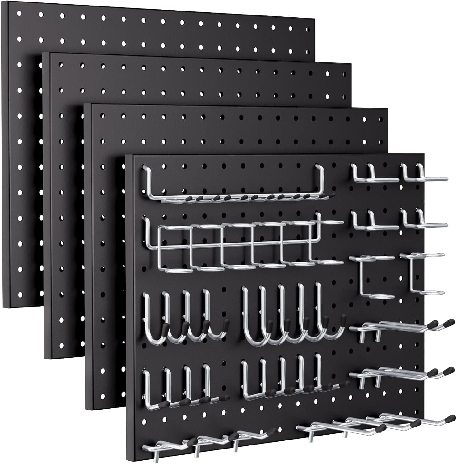 INCLY 70PCS Pegboard Wall Organizer, 4PCS Metal Peg Board Panels with 66PCS 1/4" Pegboard Hooks Accessories Kit, Black Peg Board for Walls Home, Garage Tool Storage, Workbench Organization