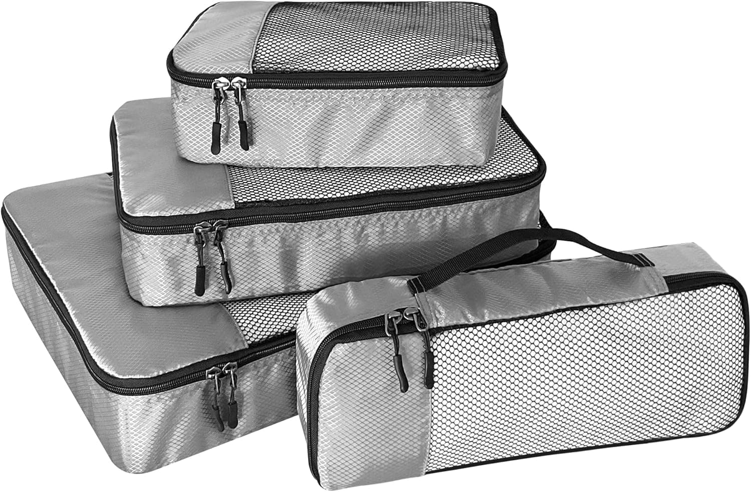 4-Piece Packing Cubes Travel Accessories Set for Suitcases - Luggage Organizer Bags with Double Zipper - Mesh Top - Small/Medium/Large/Slim - Grey