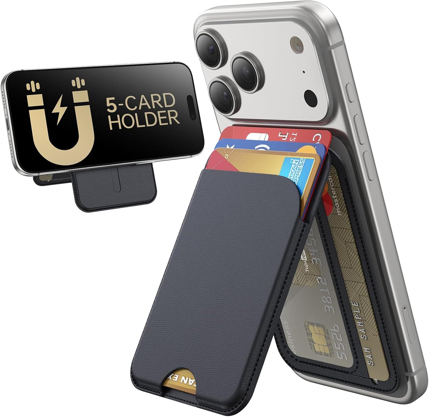 for MagSafe Wallet, 5 Card Holder with Stand, Magnetic Phone Wallet Stand for iPhone 17/16/15/14/13/12 Pro Max Air Plus Series, RFID Blocking Vegan Leather,Black