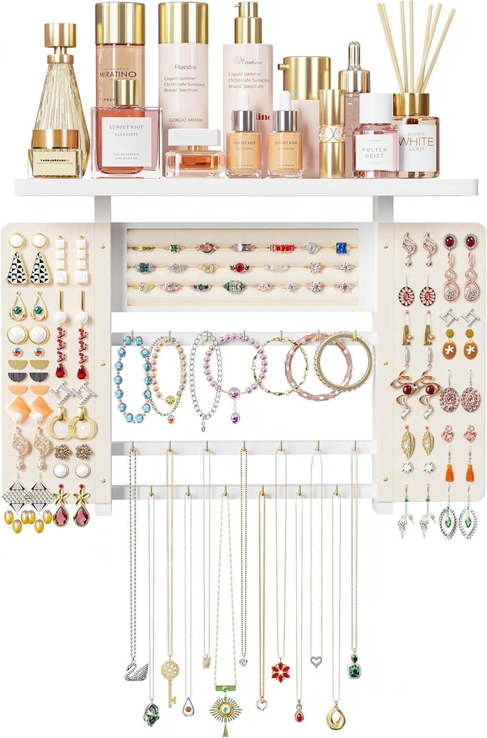 Emfogo Jewelry Organizer Hanging Wall Mounted Jewelry Holder, 5-in-1 Large Capacity Necklace Organizer Wall Hanging Jewelry Display for Ring, Necklaces, Bracelets, Earrings (White)