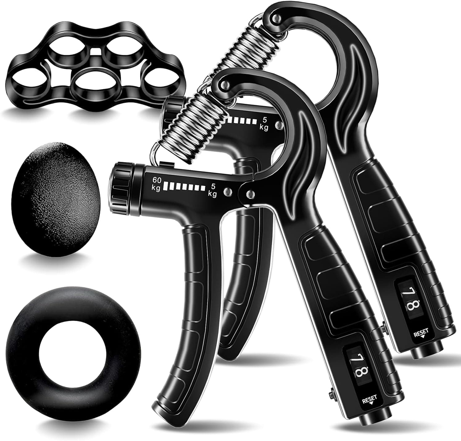 Grip Strength Trainer, Hand Gripper Strengthener Set 5-Pack: Adjustable Hand Gripper (2-Pack) with Click Counter, Finger Stretcher ，Stress Relief Grip Ball& Grip Ring 11-132 lbs Forearm Strengthener for Athletes, Rock Climbing, forearm strengthener