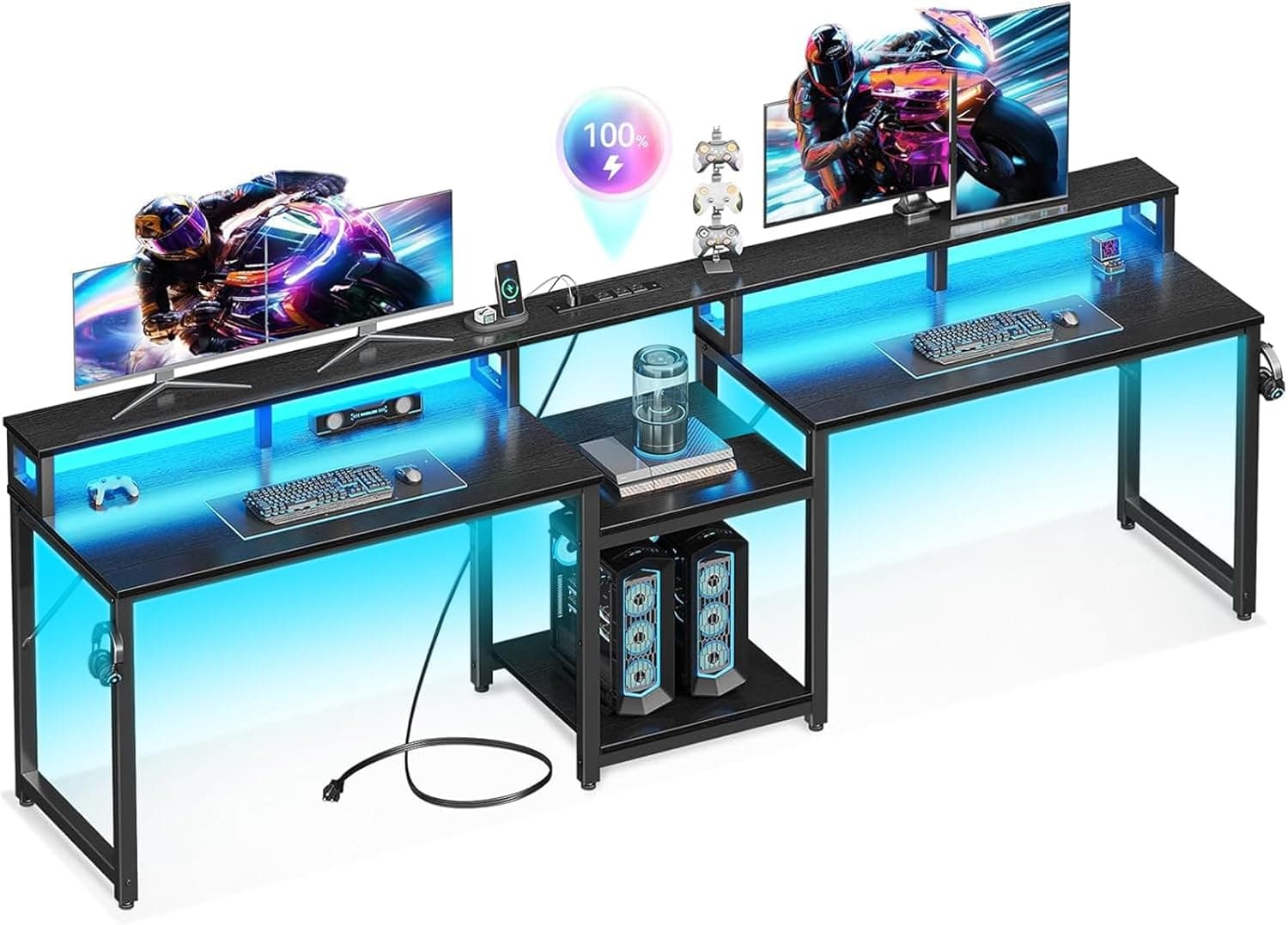 Casaottima 98 Inch 2 Person Gaming Desk with Storage Shelves, Long Double Home Office Computer Writing Desks with USB Charging Port & LED Lights, Monitor Stand, Modern Study/Work Table,Black